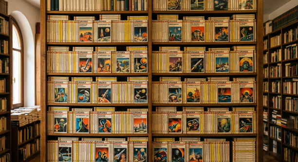 Firefly_A massive bookshelf filled with hundreds of Italian Urania science fiction books, sho 43838.